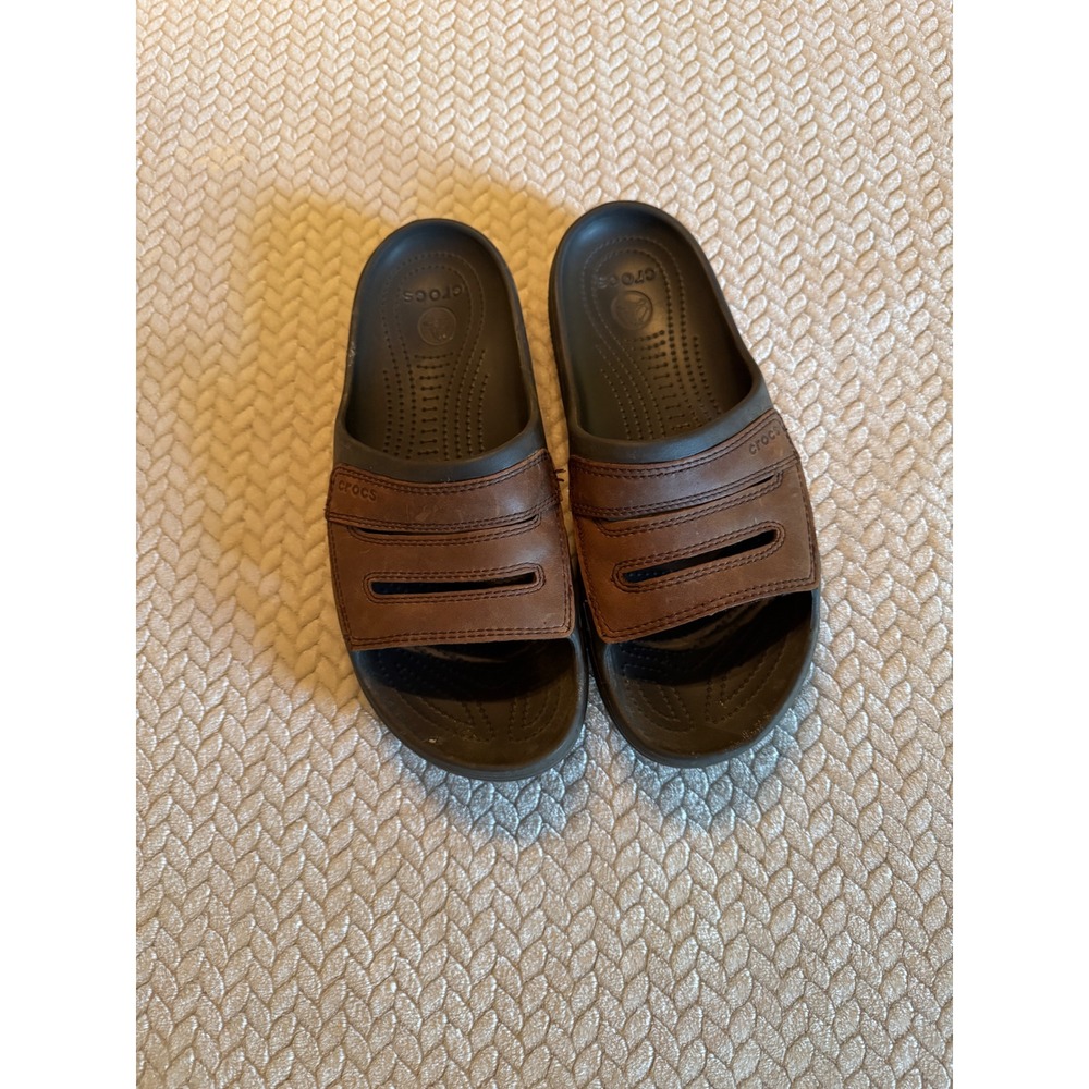 Crocs Yukon Slide Mens 12 Espresso Dark Brown Leather Strap Comfort Sandals